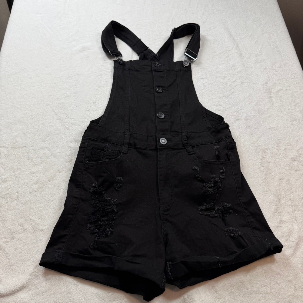 rue21 Shortall Women Size 12 Black Good Distressed Denim Button Front Overalls